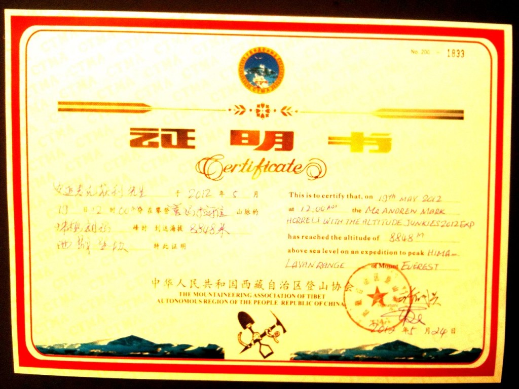 A summit certificate should do the job, shouldn't it? Here's my Everest one, stamped and signed by the China Tibet Mountaineering Association.