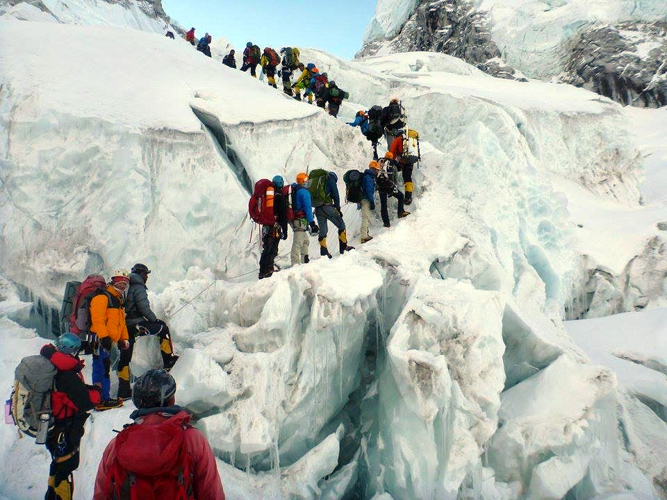 Queues of people lining up to climb is a favourite topic for recrimination, not just among the climbing community but journalists as well. This photo of a queue in the Khumbu Icefall was taken a couple of days before the earthquake, and had the disaster not happened pictures like these would certainly be provoking heated debate (Photo: Edita Nichols)