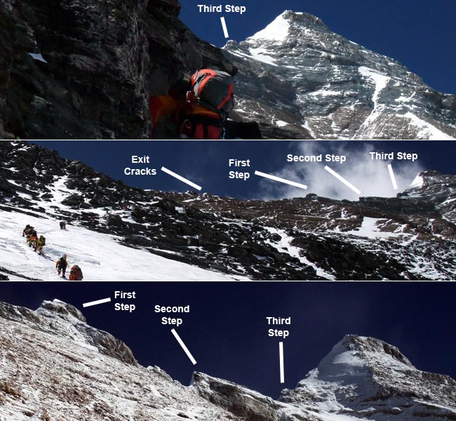 Changing view of Everest's three Steps during the climb from Camp 2 to Camp 3