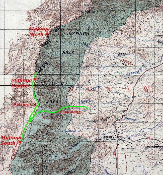 Government of Malawi Department of Survey map of the Mafinga Hills. I have added the three summits Mafinga North, Mafinga Central and Mafinga South, and two other features, Mafinga Col and the East Ridge. Our route of ascent is marked in green.