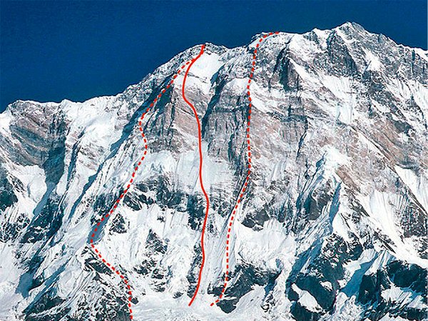 Ueli Steck's route up the South Face of Annapurna (red line), with the 1970 British route on the left and 1981 Japanese route on the right (Photo: Wolfgang Beyer)