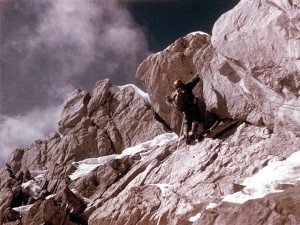 An Italian climber encounters a grade 5 overhang during the first ascent of the Cassin Ridge (Photo: Ricardo Cassin / American Alpine Club)