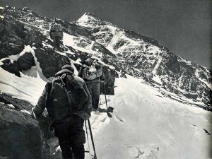Proceeding cautiously on a snow-covered rocky slope at 8000m on Everest North Face first ascent, 1960 (Photo: People's Physical Culture Publishing House, taken from the book Mountaineering in China, 1965)