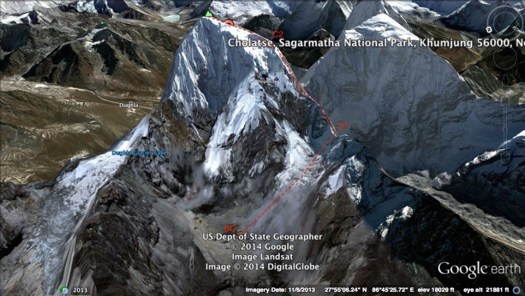 Google Earth image of Cholatse with Base Camp (BC), Camp 1 (C1) and Camp 2 (C2) marked (thanks to Phil Crampton)