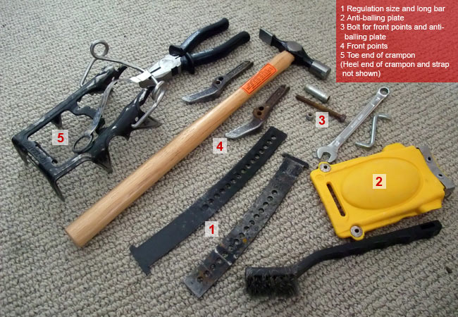 Various bits of crampon, and the tools I needed to replace the bar on the bottom