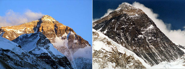 On the left: Everest from the north, Tibet (Photo: Mark Horrell). On the right: Everest from the south, Nepal (Photo: Uwe Gille)