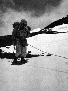 Before traversing the Geneva Spur and starting the descent, the last man of the 1952 Swiss Everest expedition leaves the South Col in the heart of the death zone (!?!) at 25,850 (Photo: Swiss Foundation for Alpine Research).