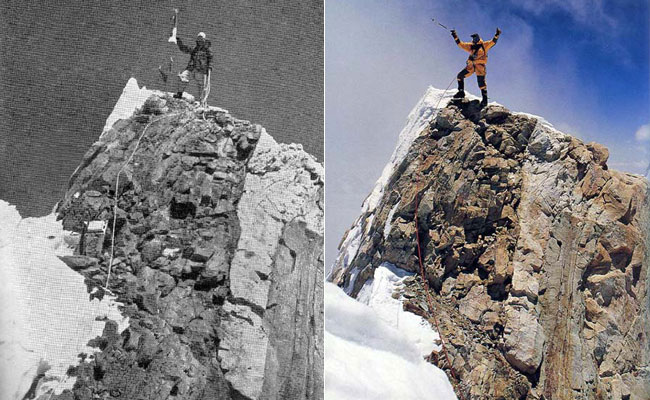 On the left is Gyaltsen Norbu Sherpa standing on the summit of Manaslu in 1956 (Photo: Toshio Imanishi), and on the right is Veikka Gustafsson, there in 1999 (Photo: Ed Viesturs)