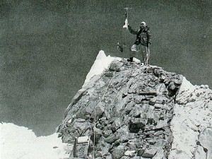 The classic shot of Gyalzen Norbu Sherpa on the summit of Manaslu after the first ascent (Photo: Toshio Imanishi)