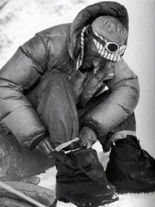 Edmund Hillary putting on his high altitude boots (Photo: Royal Geographical Society)