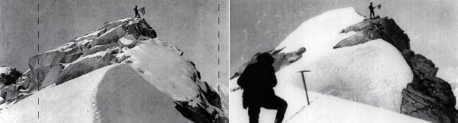 Left: Frederick Cook's famous 1906 Denali fake summit photo. The dotted line indicates the areas that were cropped in the Harper's magazine photo. (Photo: Frederick Cook / Byrd Polar Research Center) Right: Belmore Browne watching Herman Tucker stand atop Cook's fake summit in 1910 (Photo: Herschel Parker / Dartmouth College Library)