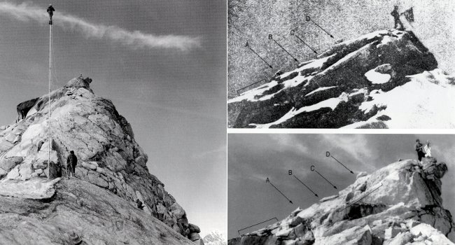 Left: Adams Carter photographs the fake peak from on top of a 40 foot pole in 1957 (Photo: Adams Carter / Bradford Washburn Collection). Top right: Frederick Cook's 1906 photo with key features picked out (Photo: Frederick Cook / Boston Museum of Science). Bottom right: Carter's 1957 photo indicating the same features (Photo: Adams Carter / Boston Museum of Science).