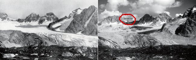 Left: Frederick Cook's 1906 photo of a mountain amphitheatre taken from his Glacier Point campsite and printed in his book (Photo: Frederick Cook / Byrd Polar Research Centre). Right: Bradford Washburn's 1995 recreation. The Ruth Glacier has receded a great deal, but it's clearly the same landscape (Photo: Bradford Washburn)