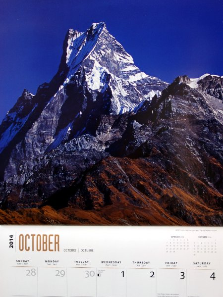 My 2014 wall calendar, which happily spells Machapuchare in a sensible fashion (Photo: John Warburton-Lee / DanitaDelimont.com)