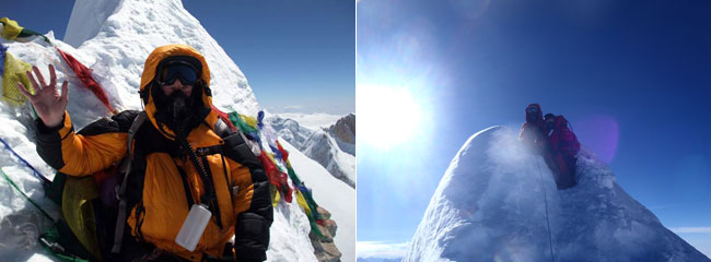 On the left is me on the summit of Manaslu in 2011 (Photo: Mark Horrell) and on the right is Mila Mikhanovskaia with Pasang Wongchu Sherpa, there in 2012 (Photo: Mila Mikhanovskaia)