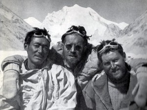 Pasang Dawa Lama with Herbert Tichy and Sepp Jochler after their first ascent of Cho Oyu (Photo: Herbert Tichy)