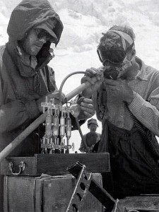 Pugh at Camp 3 on Everest, testing the air in the bottom of John Hunt's lungs (Photo: Royal Geographical Society)