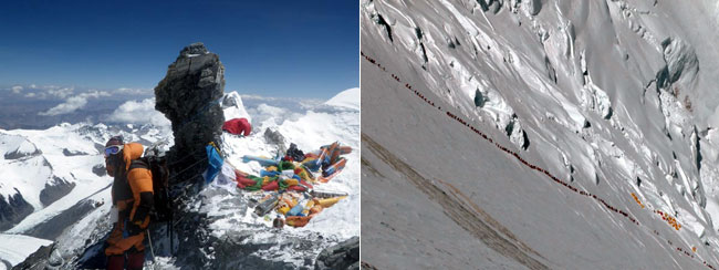 On the left: Passing discarded oxygen cylinders on Everest's Northeast Ridge (Photo: Grant 'Axe' Rawlinson). On the right: Queues of climbers on the Lhotse Face (Photo: Ralf Dujmovits). Mount Everest is not only the WORLD'S HIGHEST GARBAGE DUMP, but it is also the WORLD'S HIGHEST TRAFFIC JAM.