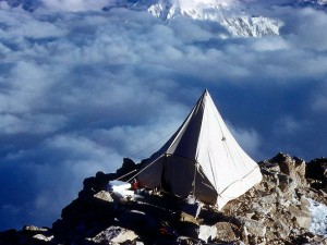 Balcony Camp at 5000m on the West Rib during the first ascent (Photo: Barry Corbet / American Alpine Club)