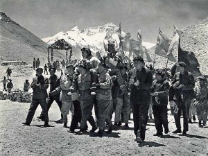 Chinese climbers' triumphant return to Base Camp following their successful first ascent of Everest by the North Ridge, 1960 (Photo: People's Physical Culture Publishing House, taken from the book Mountaineering in China, 1965)