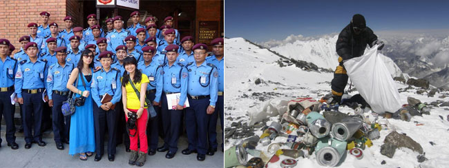 On the left: These friendly tourist police will soon be stationed at Everest Base Camp (Photo: Nepal Police). On the right: High altitude litter picking on the South Col (Photo: AFP)