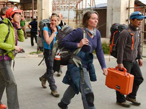 Margaret, Edita, Charmaine and Mel arrive back at Kathmandu Airport, their expedition at an end (Photo: AFP / Prakash Mathema)