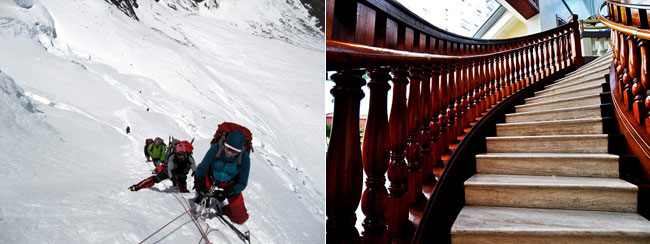 On the left: Climbers ascending fixed ropes on the North Col Wall, Everest (Photo: Mark Horrell). On the right: A staircase (Photo: Yee Nga-wai)